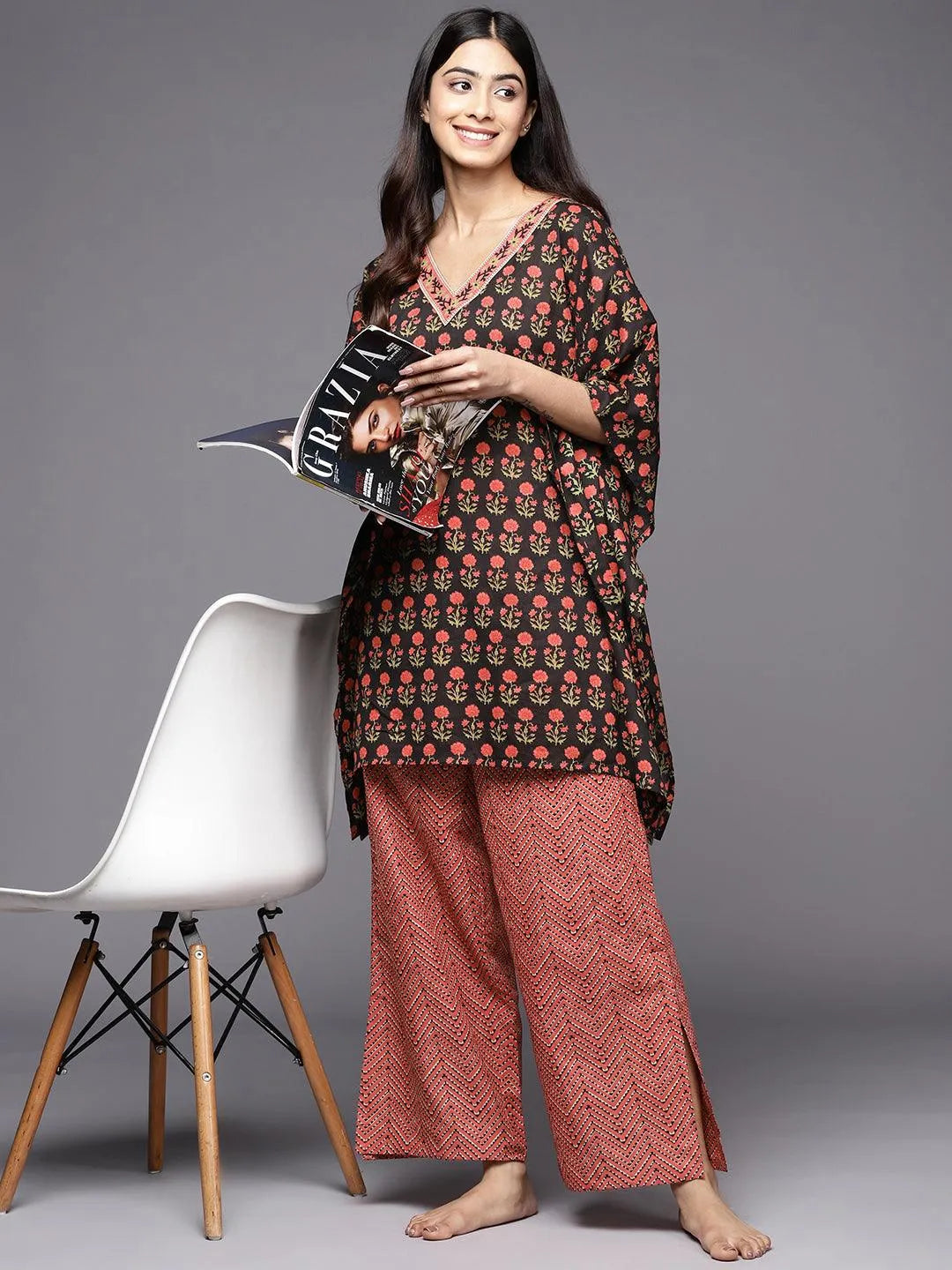 Black Printed Cotton Night Suit - Libas 