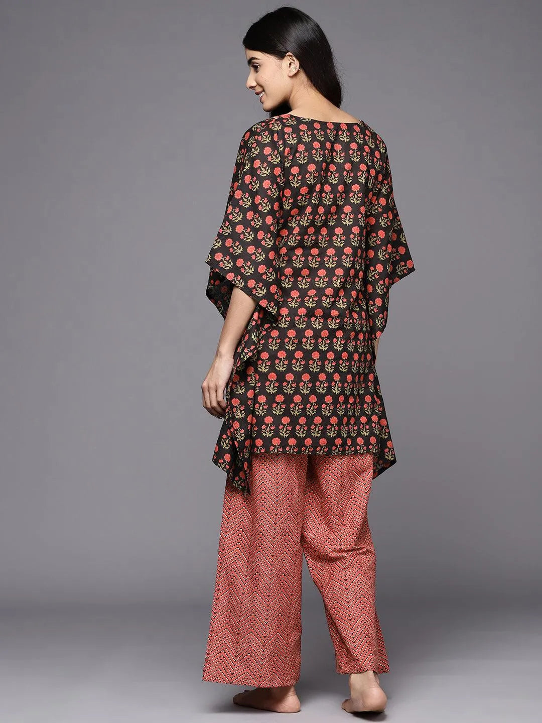 Black Printed Cotton Night Suit - Libas