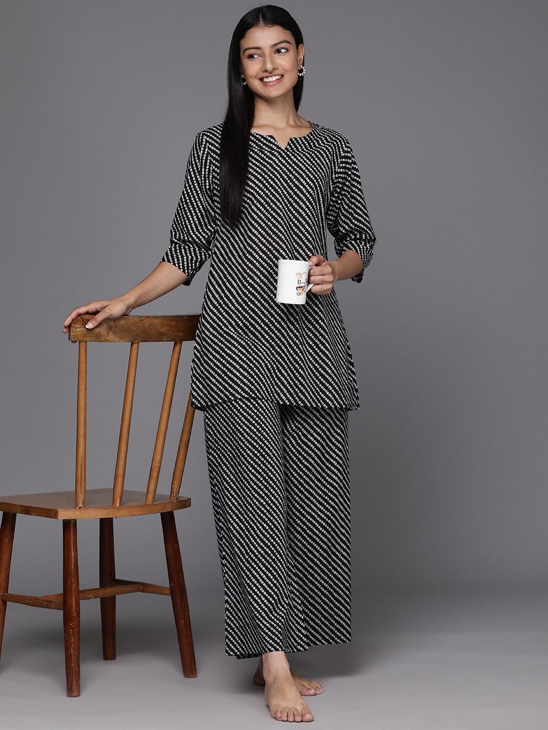 Black Printed Cotton Night Suit - Libas 