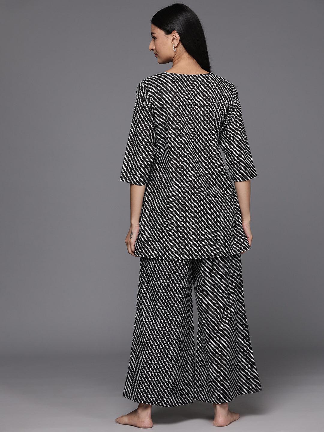 Black Printed Cotton Night Suit - Libas 