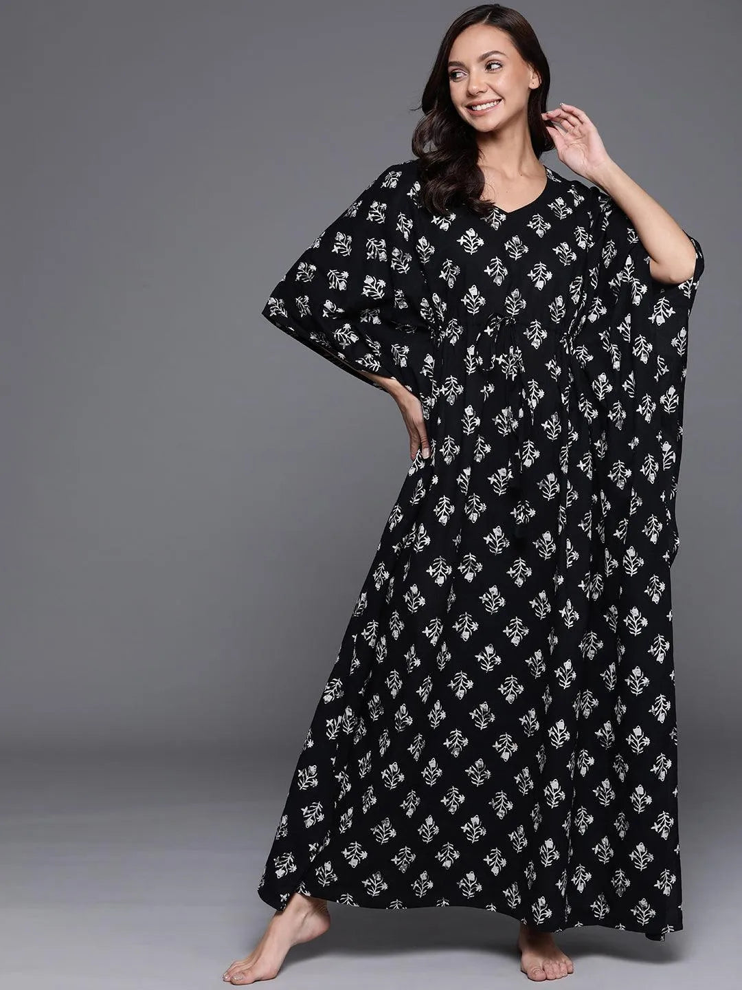 Black Printed Cotton Nightdress - Libas