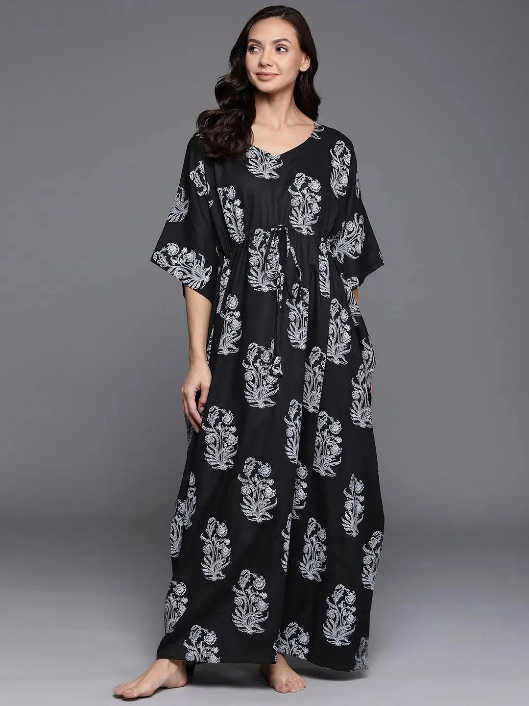 Black Printed Cotton Nightdress - Libas