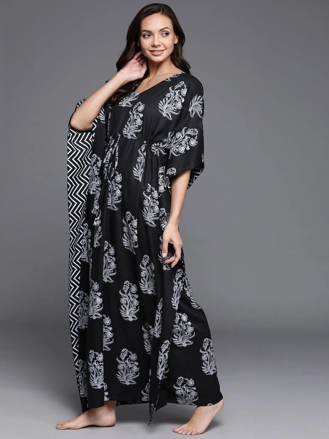 Black Printed Cotton Nightdress - Libas