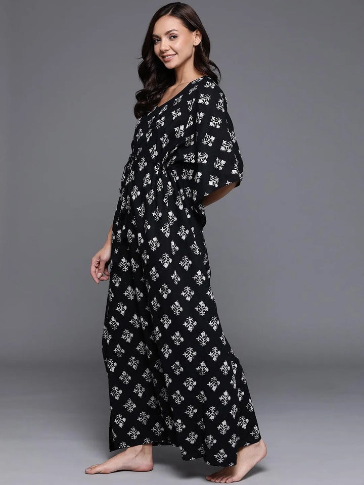 Black Printed Cotton Nightdress - Libas