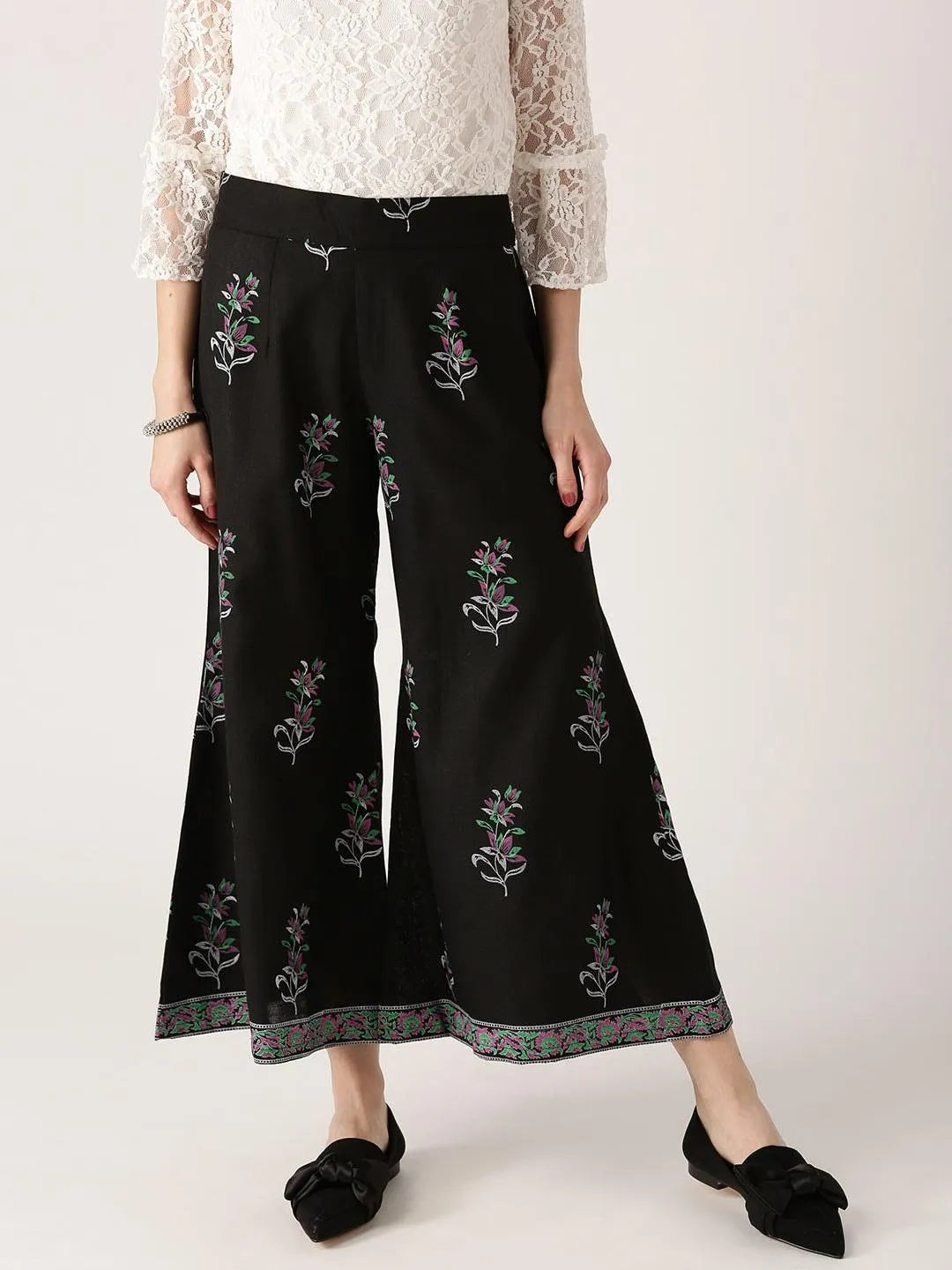 Black Printed Cotton Palazzos - Libas 