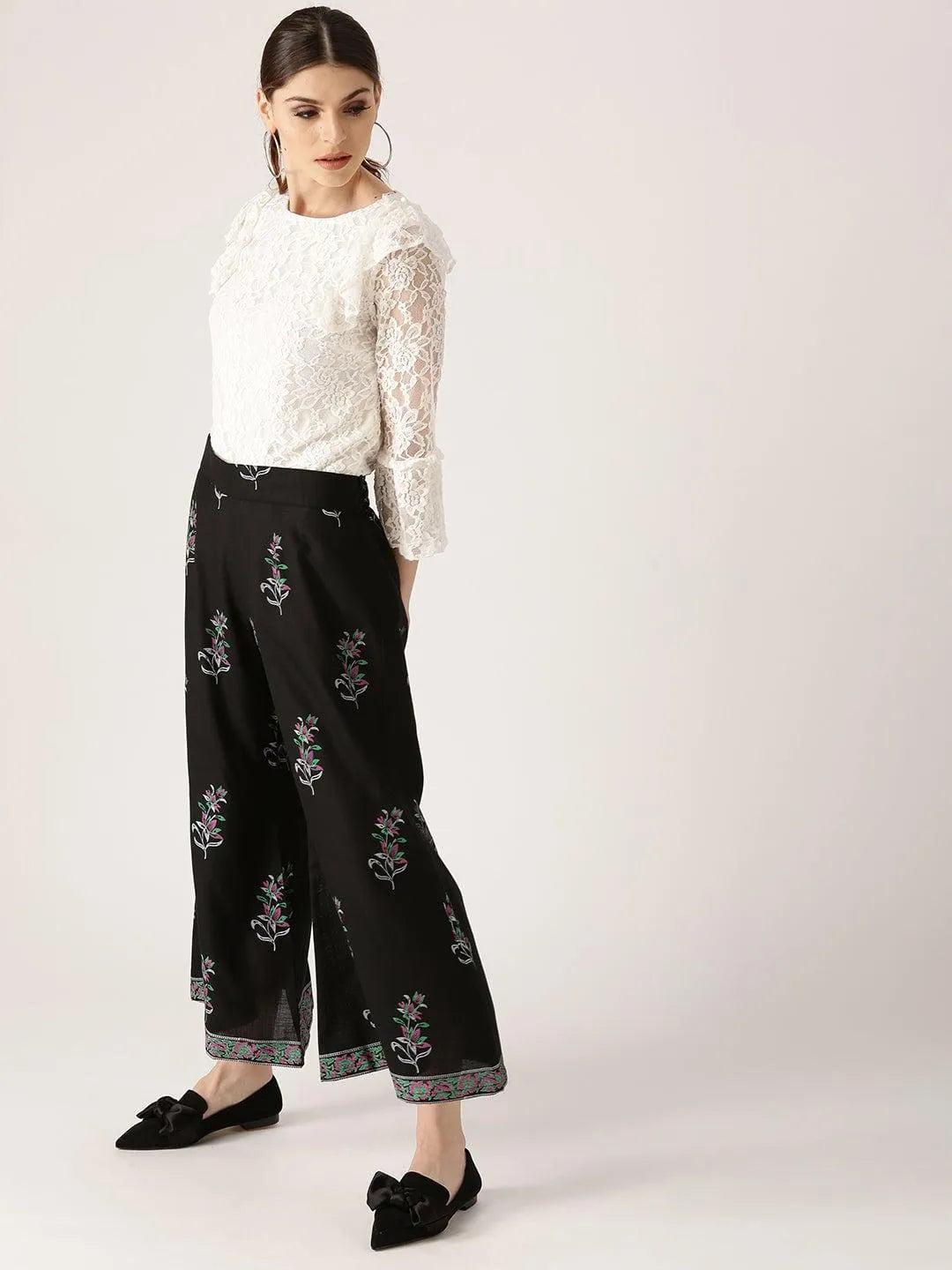 Black Printed Cotton Palazzos - Libas 