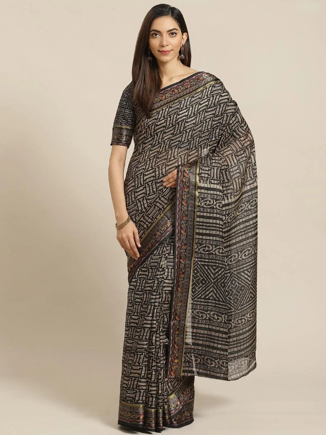 Black Printed Cotton Saree - Libas