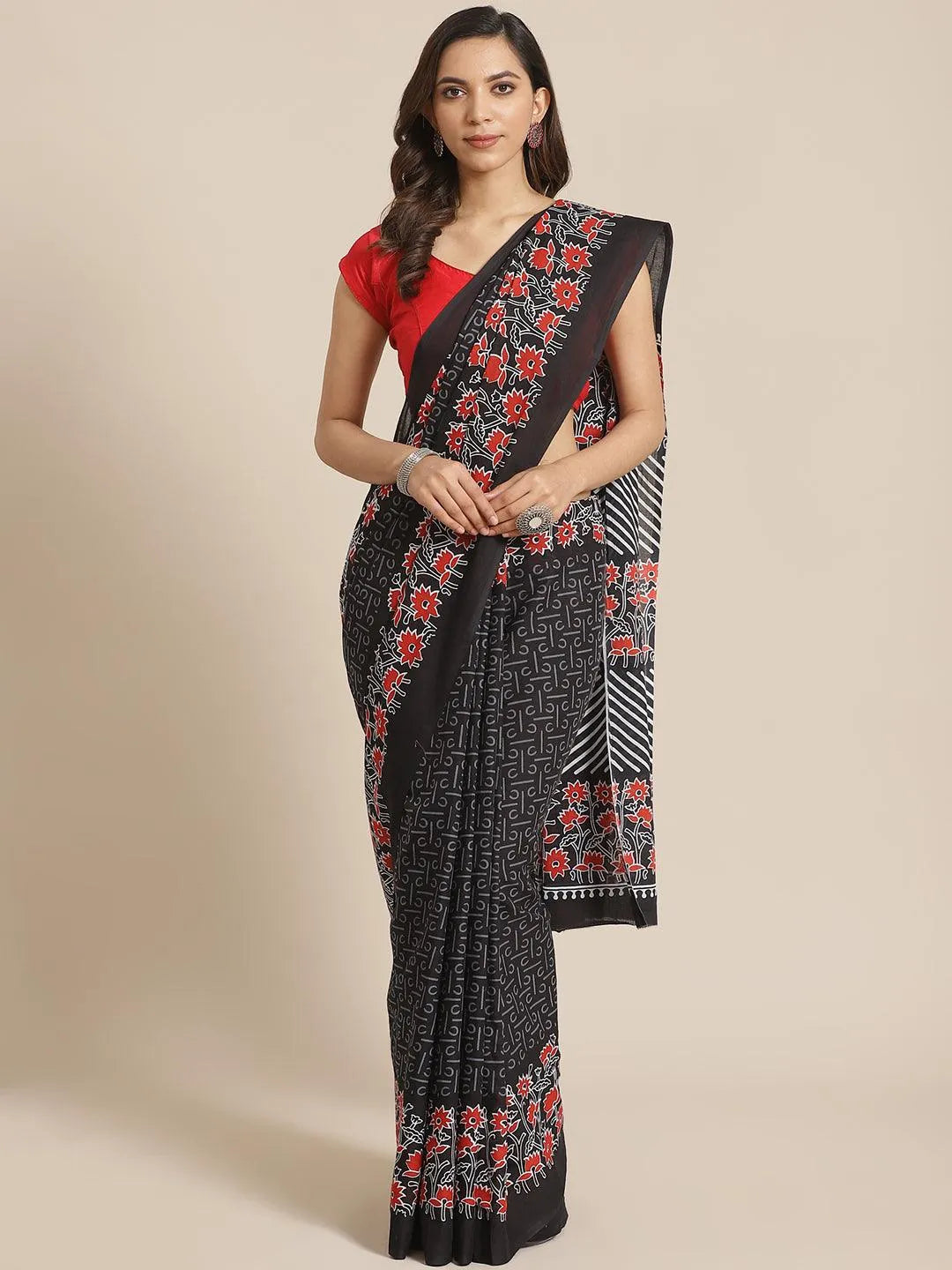 Black Printed Cotton Saree - Libas