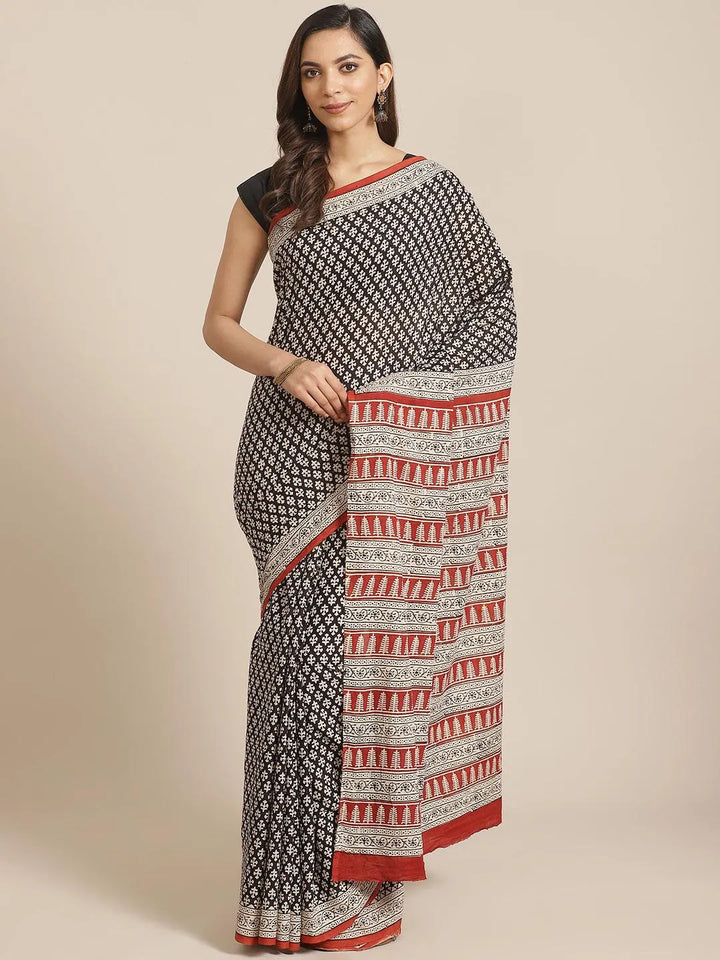 Black Printed Cotton Saree - Libas