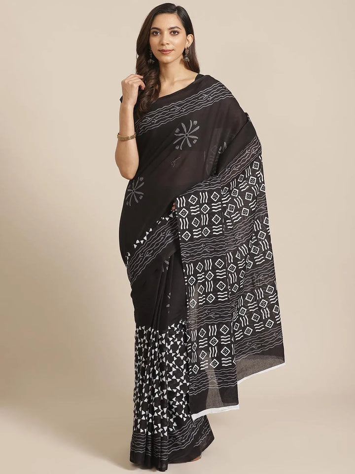 Black Printed Cotton Saree - Libas