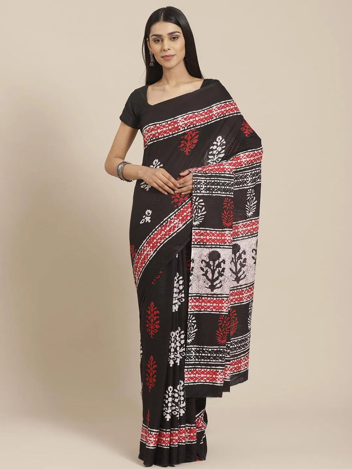 Black Printed Cotton Saree - Libas