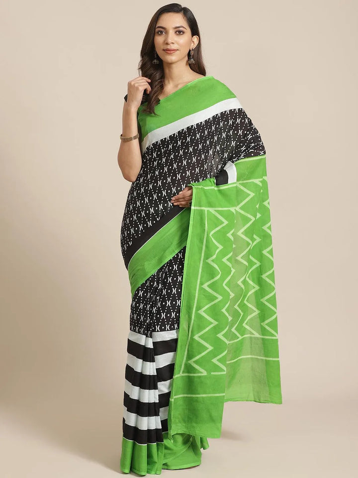 Black Printed Cotton Saree - Libas