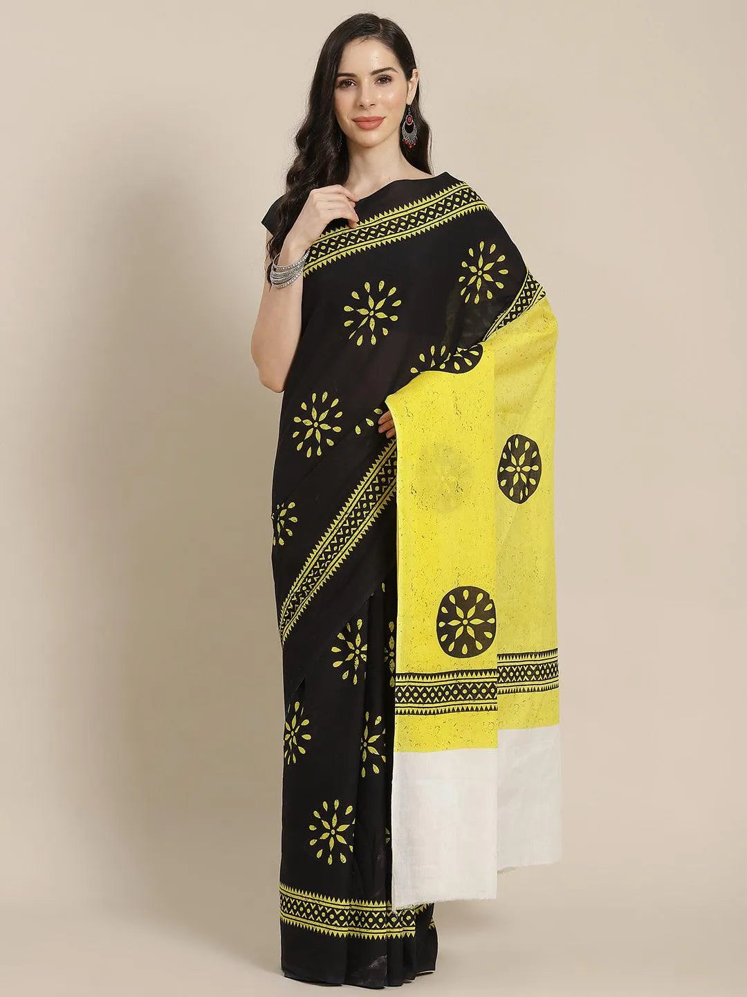 Black Printed Cotton Saree - Libas 