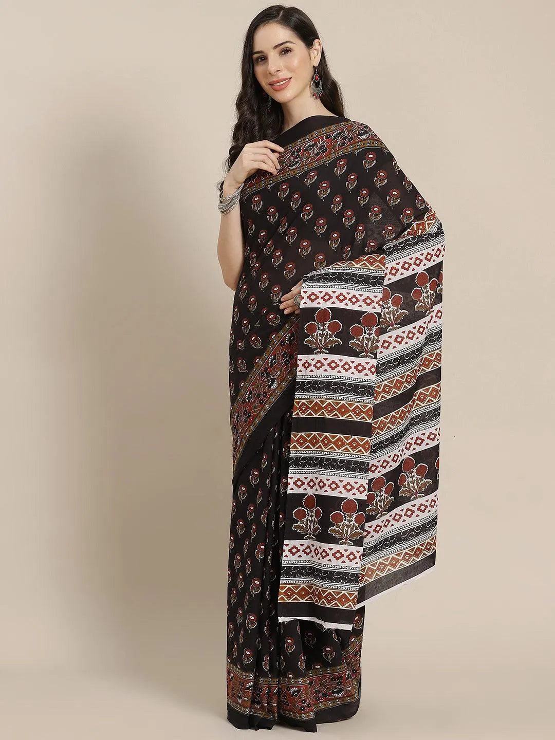 Black Printed Cotton Saree - Libas 