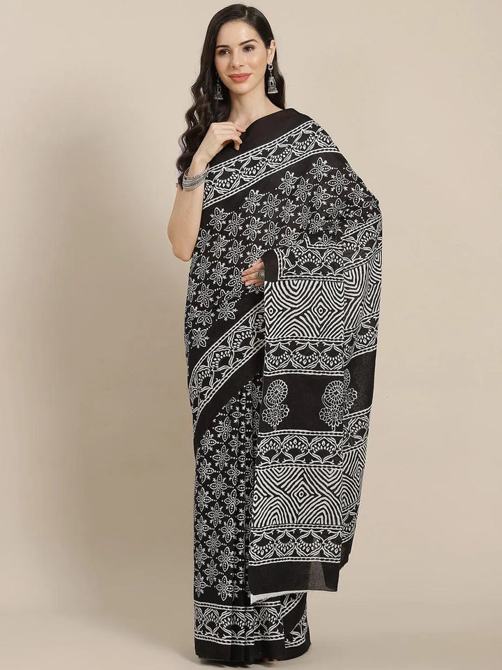 Black Printed Cotton Saree - Libas