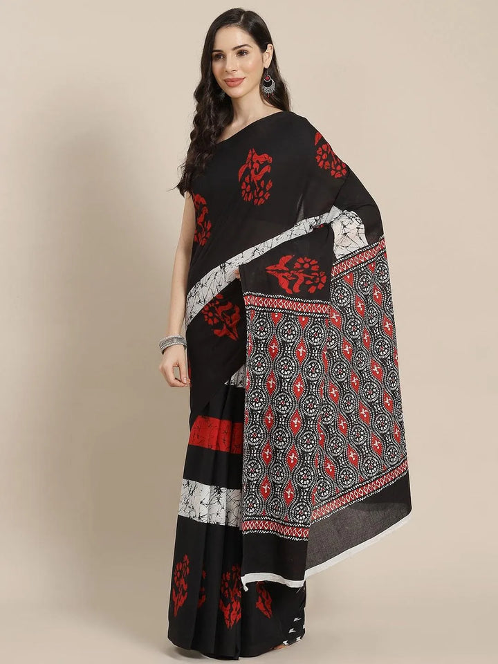 Black Printed Cotton Saree - Libas