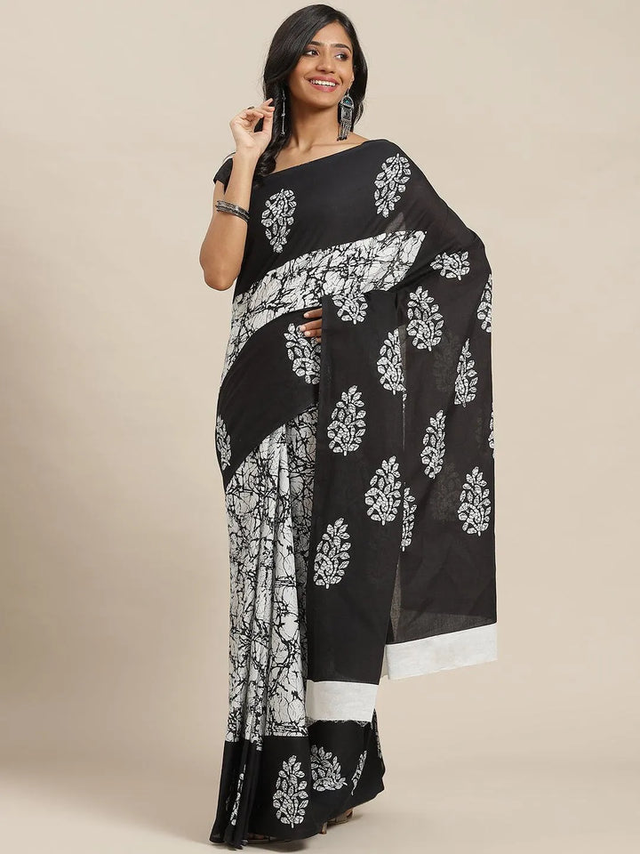 Black Printed Cotton Saree - Libas