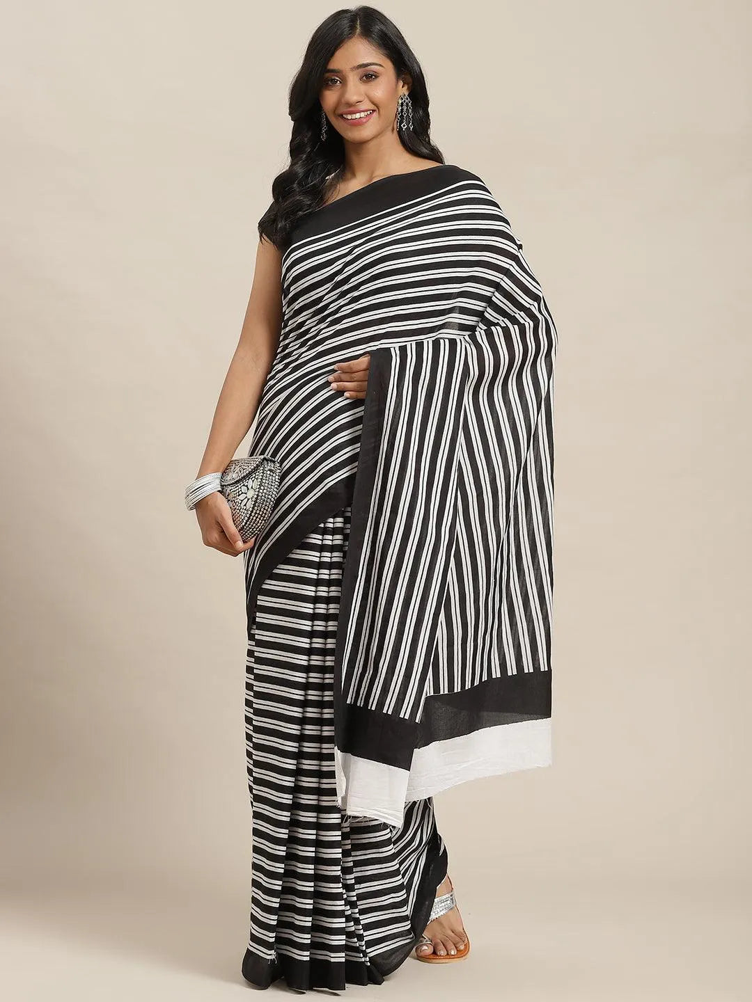 Black Printed Cotton Saree - Libas 