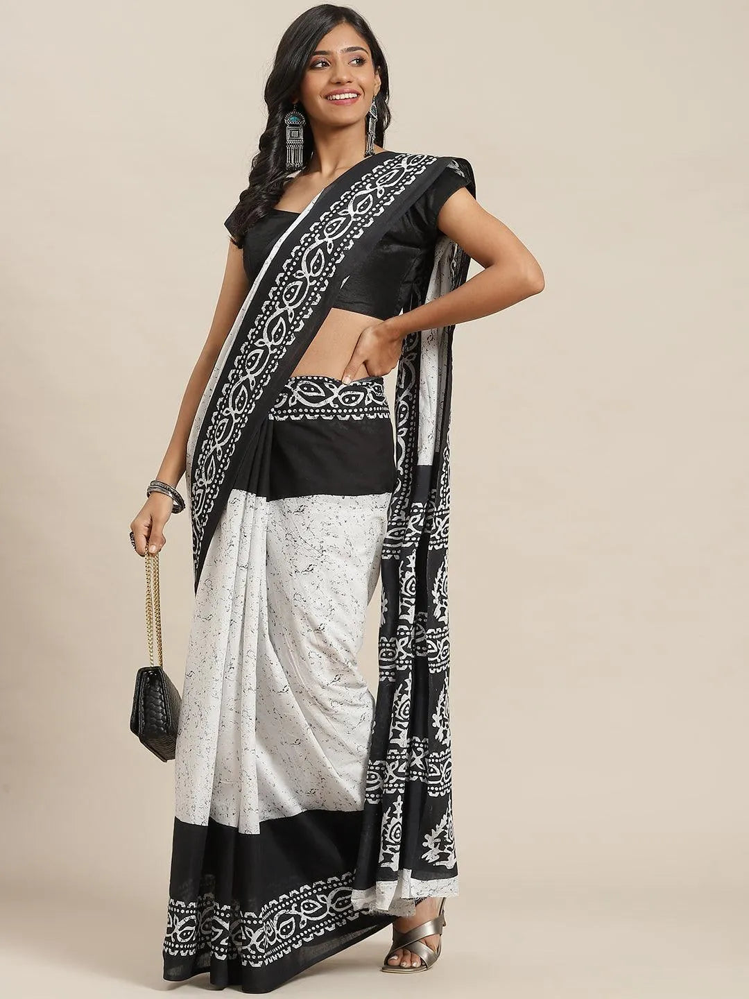 Black Printed Cotton Saree - Libas