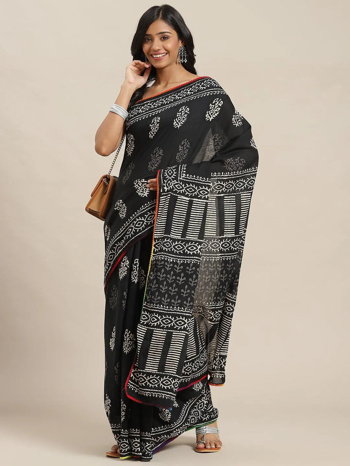 Black Printed Cotton Saree - Libas