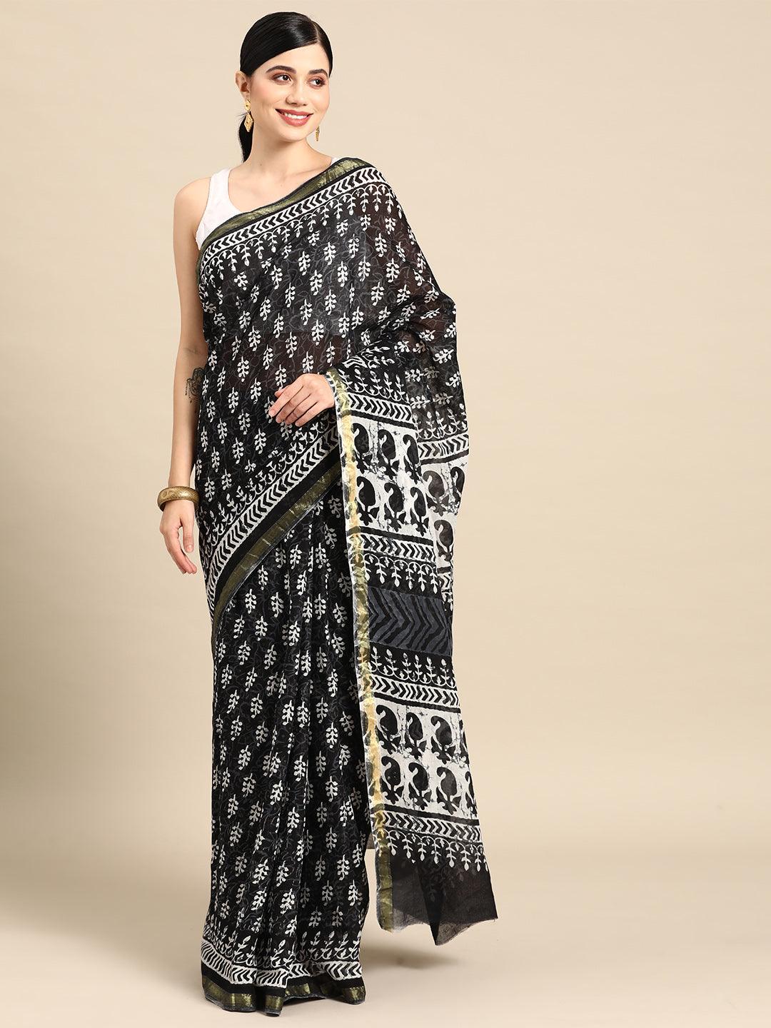 Black Printed Cotton Saree - Libas