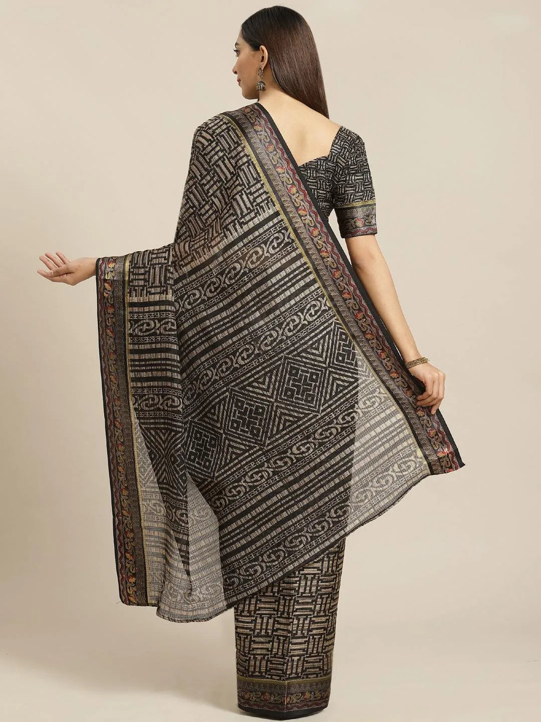 Black Printed Cotton Saree - Libas