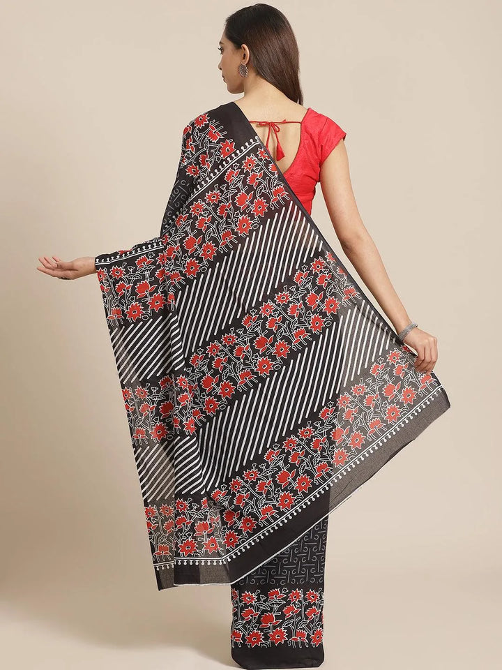 Black Printed Cotton Saree - Libas