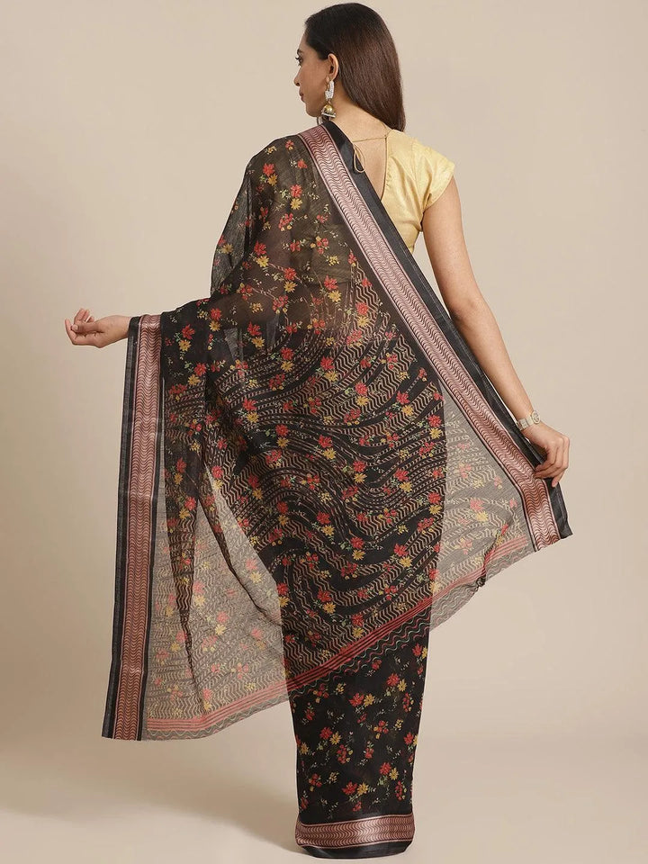 Black Printed Cotton Saree - Libas