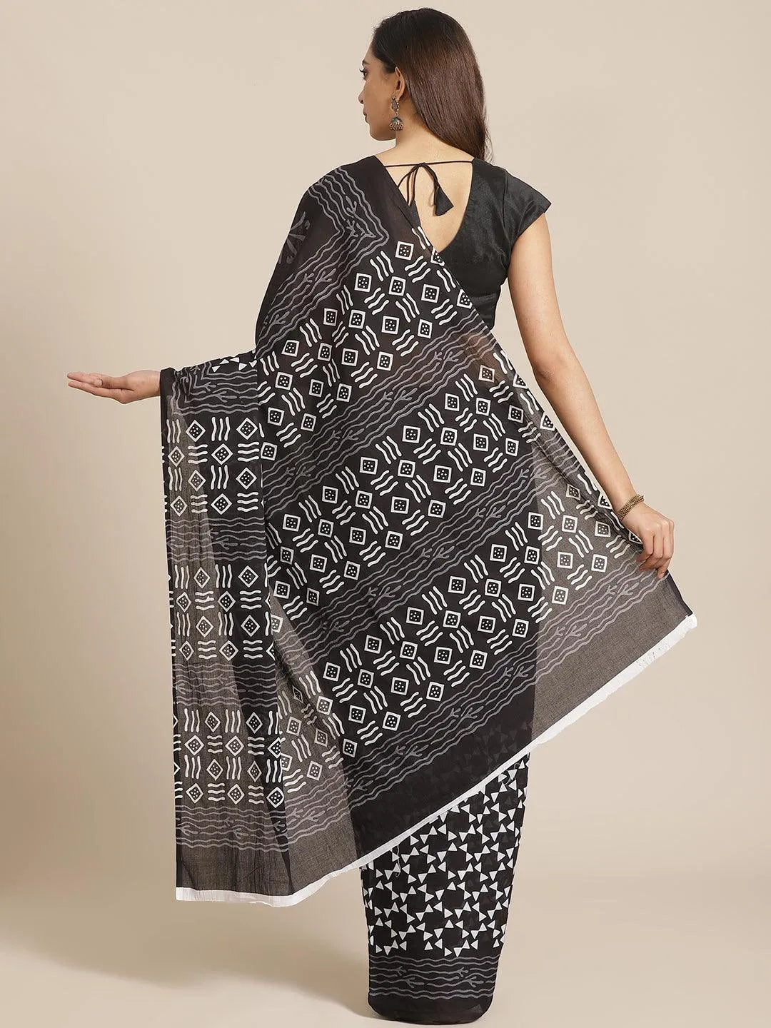 Black Printed Cotton Saree - Libas