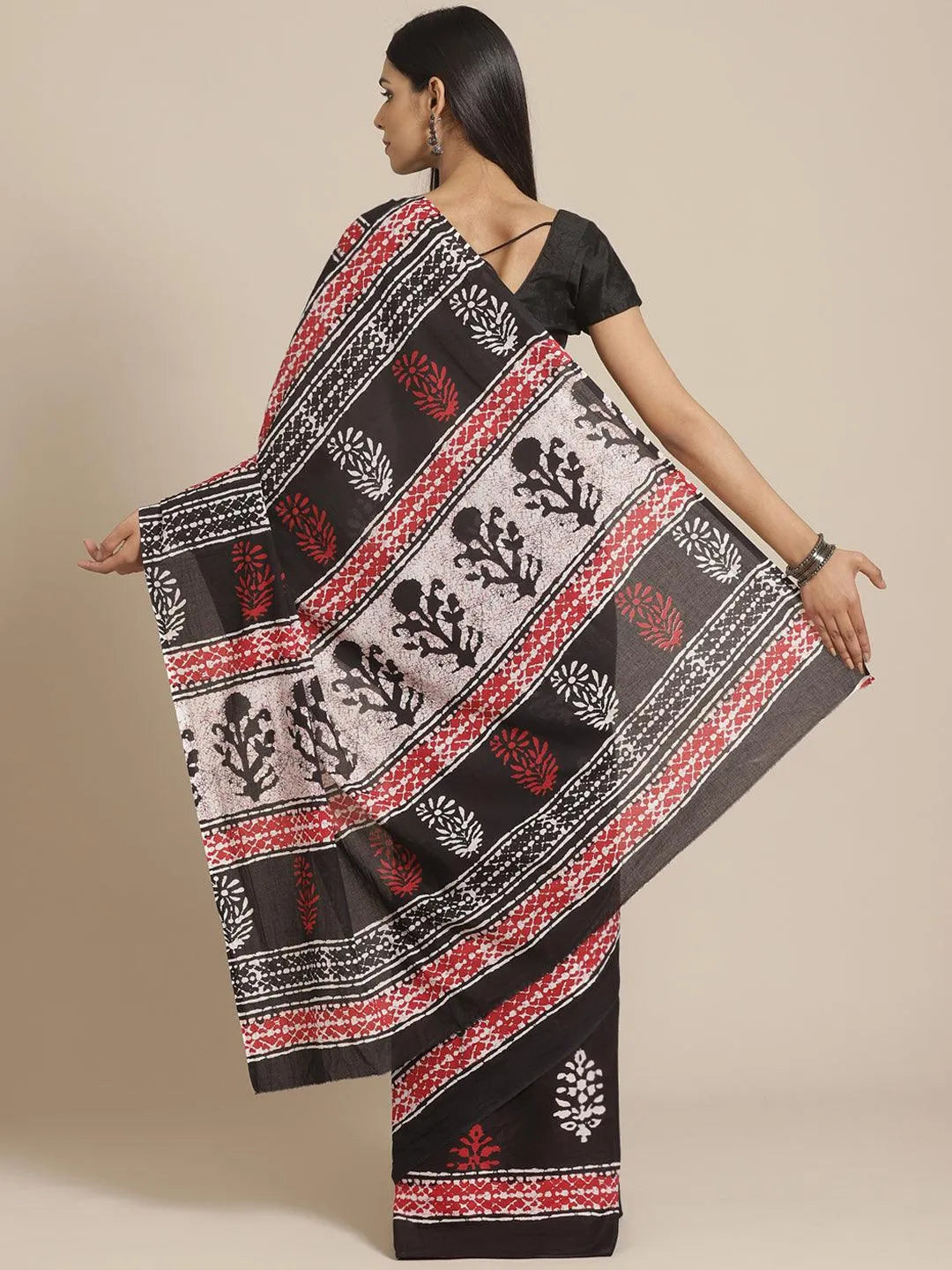 Black Printed Cotton Saree - Libas