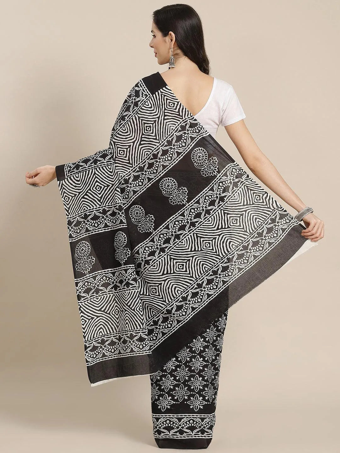 Black Printed Cotton Saree - Libas