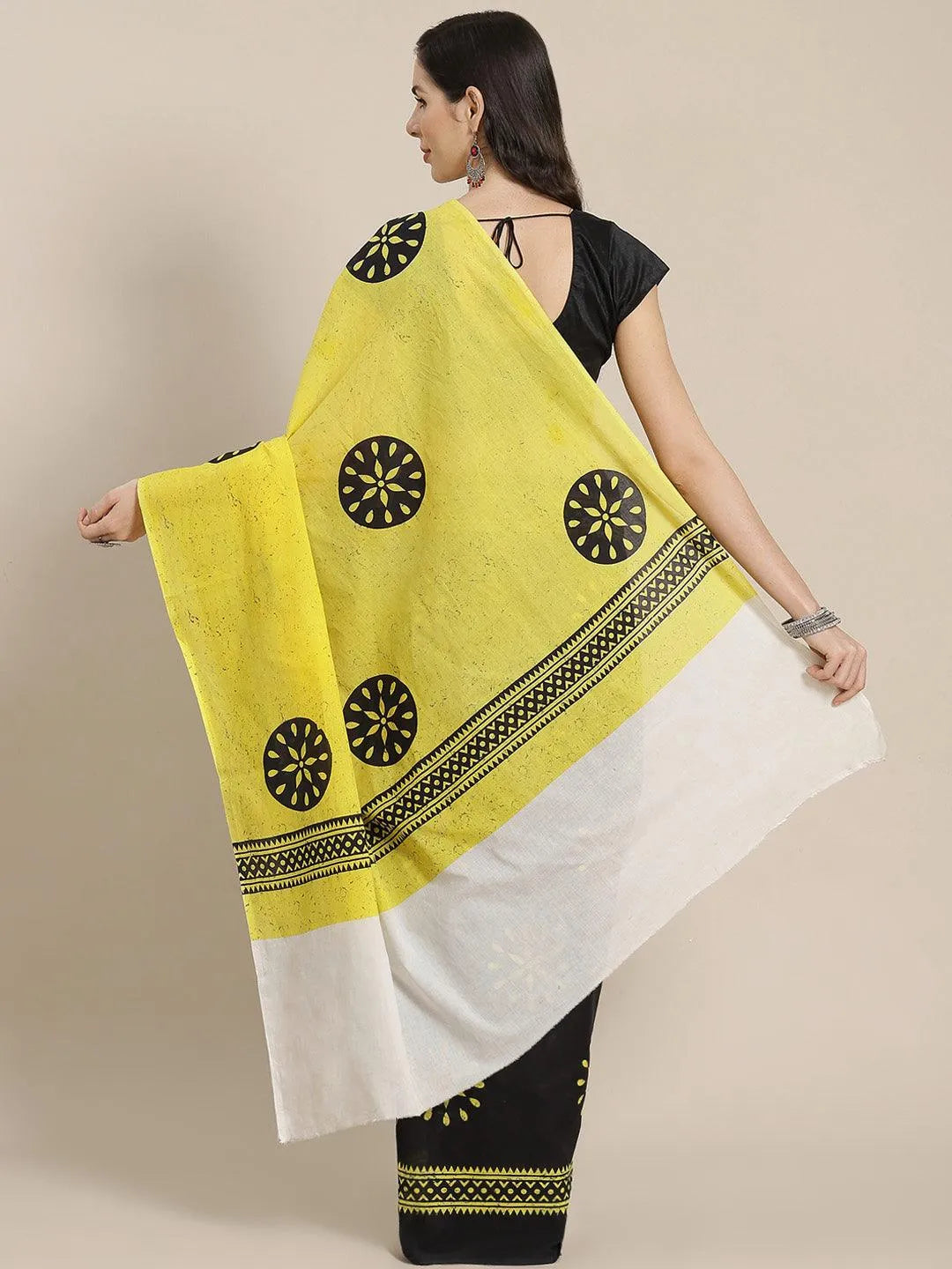 Black Printed Cotton Saree - Libas 