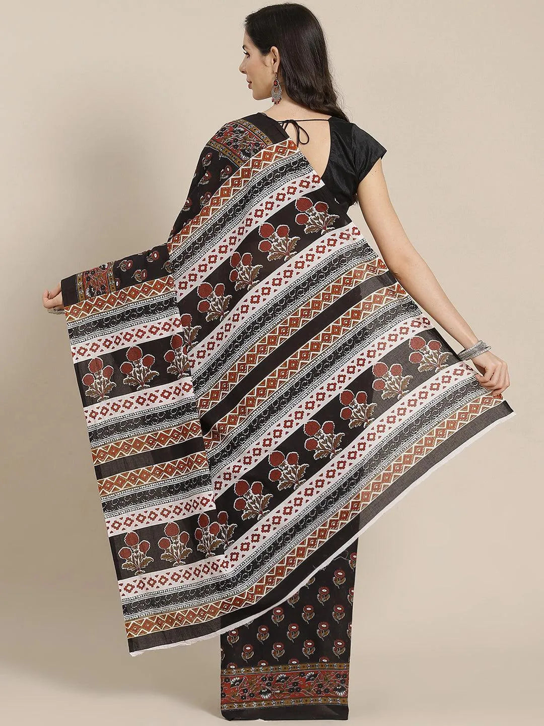 Black Printed Cotton Saree - Libas