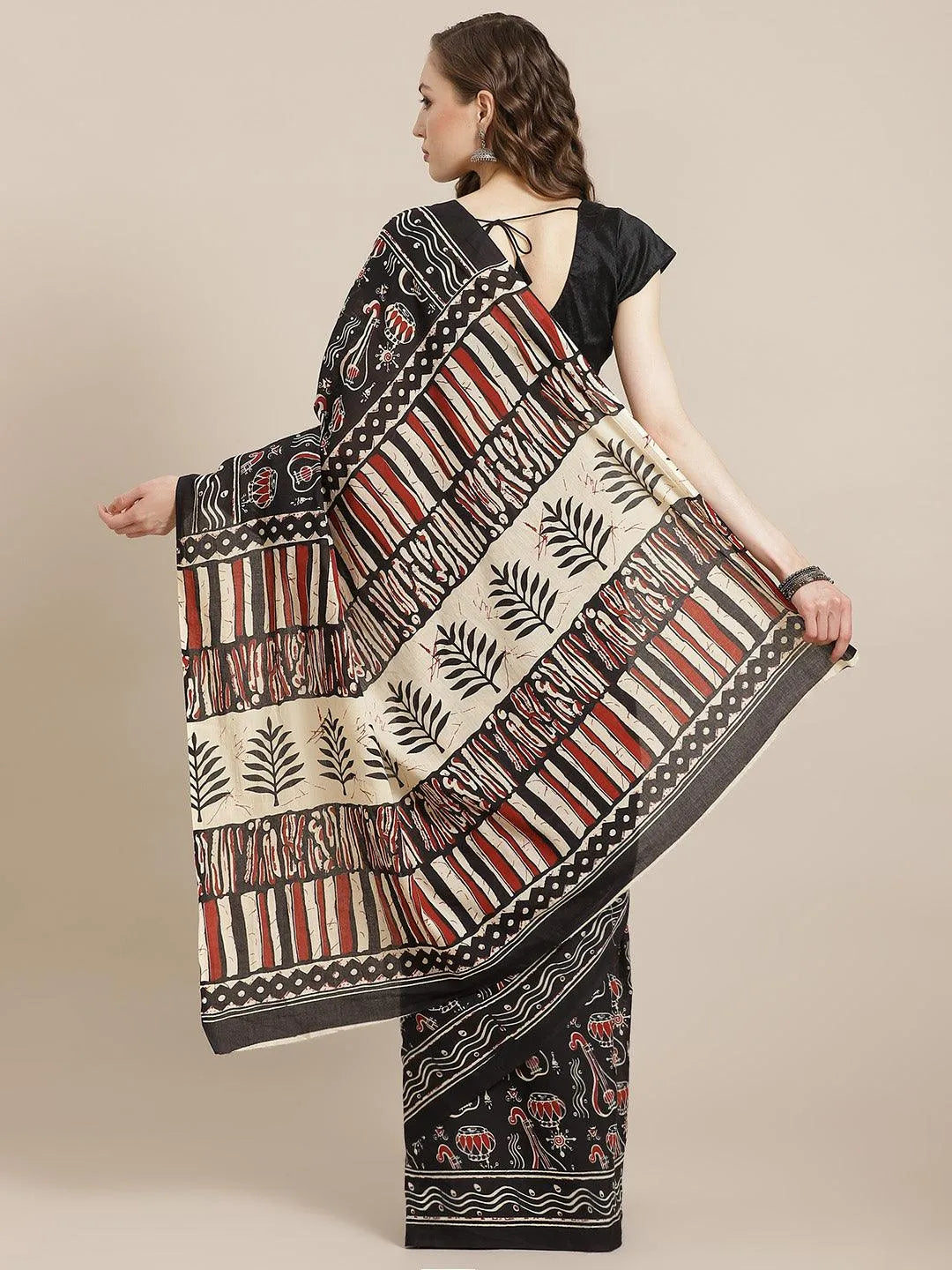 Black Printed Cotton Saree - Libas 