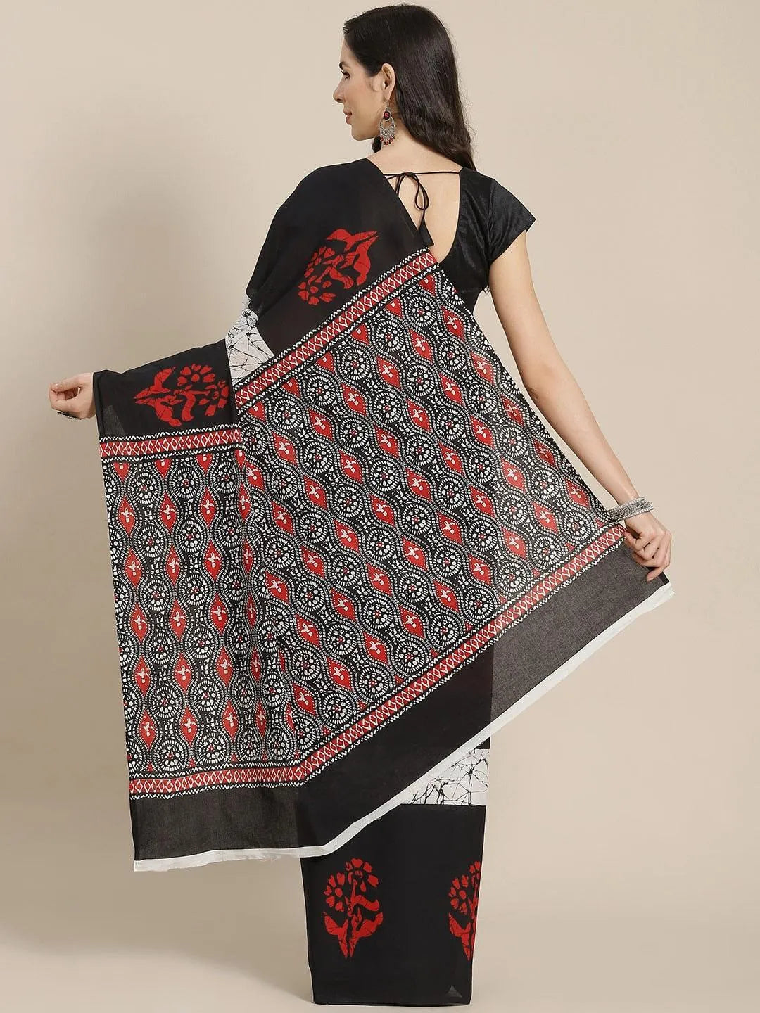 Black Printed Cotton Saree - Libas