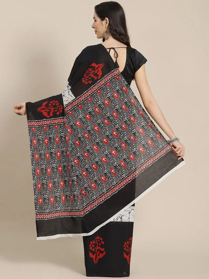 Black Printed Cotton Saree - Libas