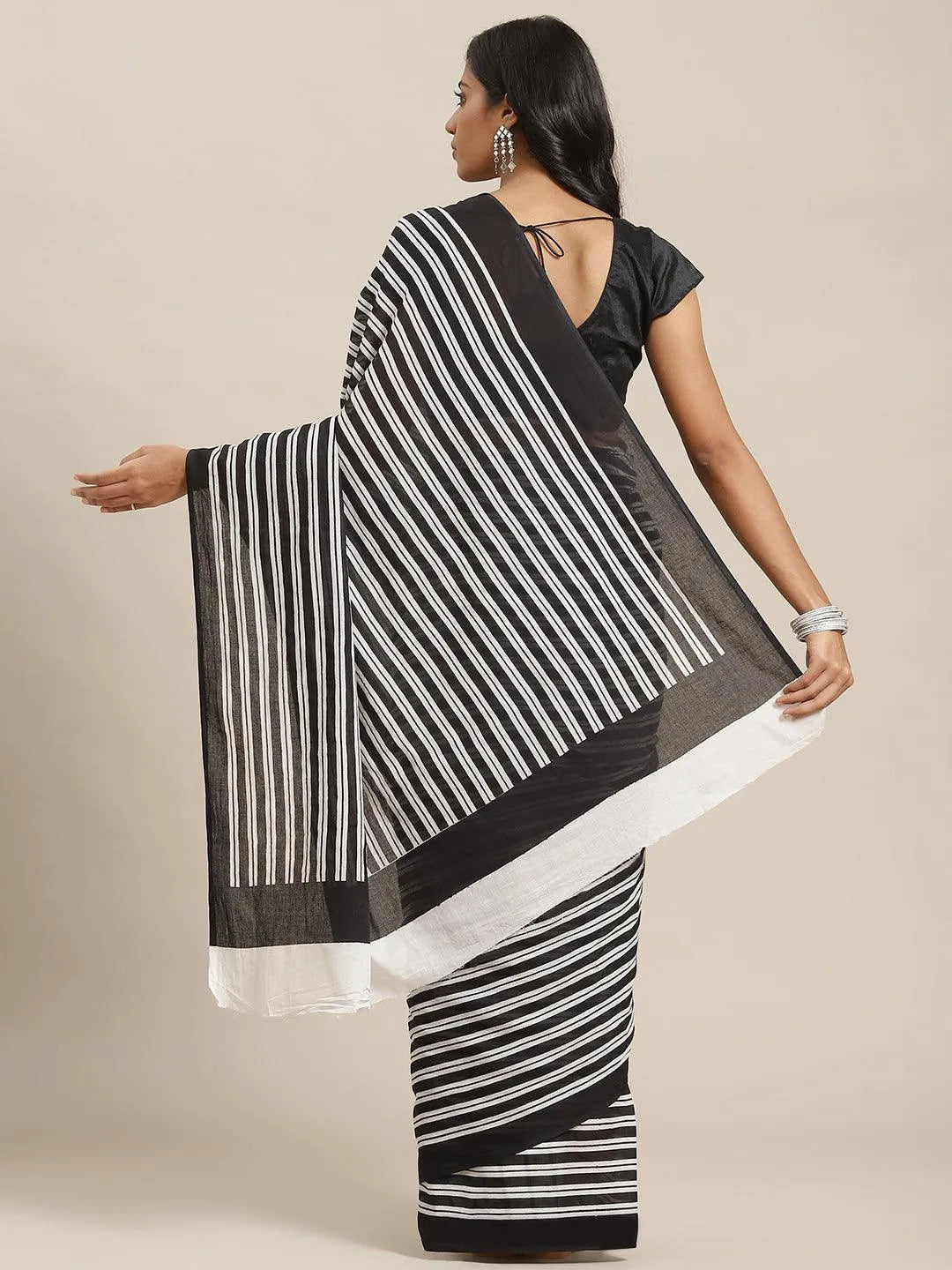 Black Printed Cotton Saree - Libas 