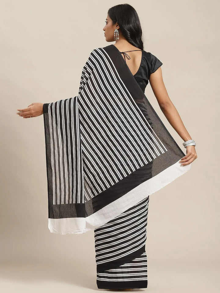 Black Printed Cotton Saree - Libas