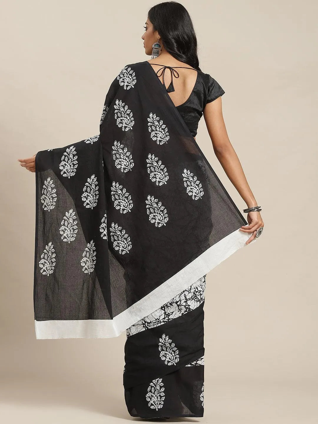 Black Printed Cotton Saree - Libas