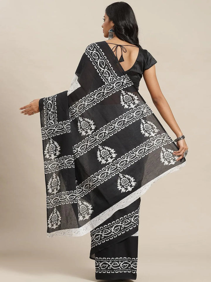 Black Printed Cotton Saree - Libas