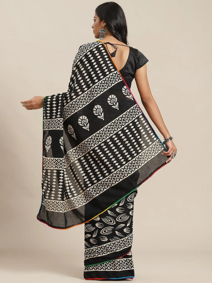 Black Printed Cotton Saree - Libas