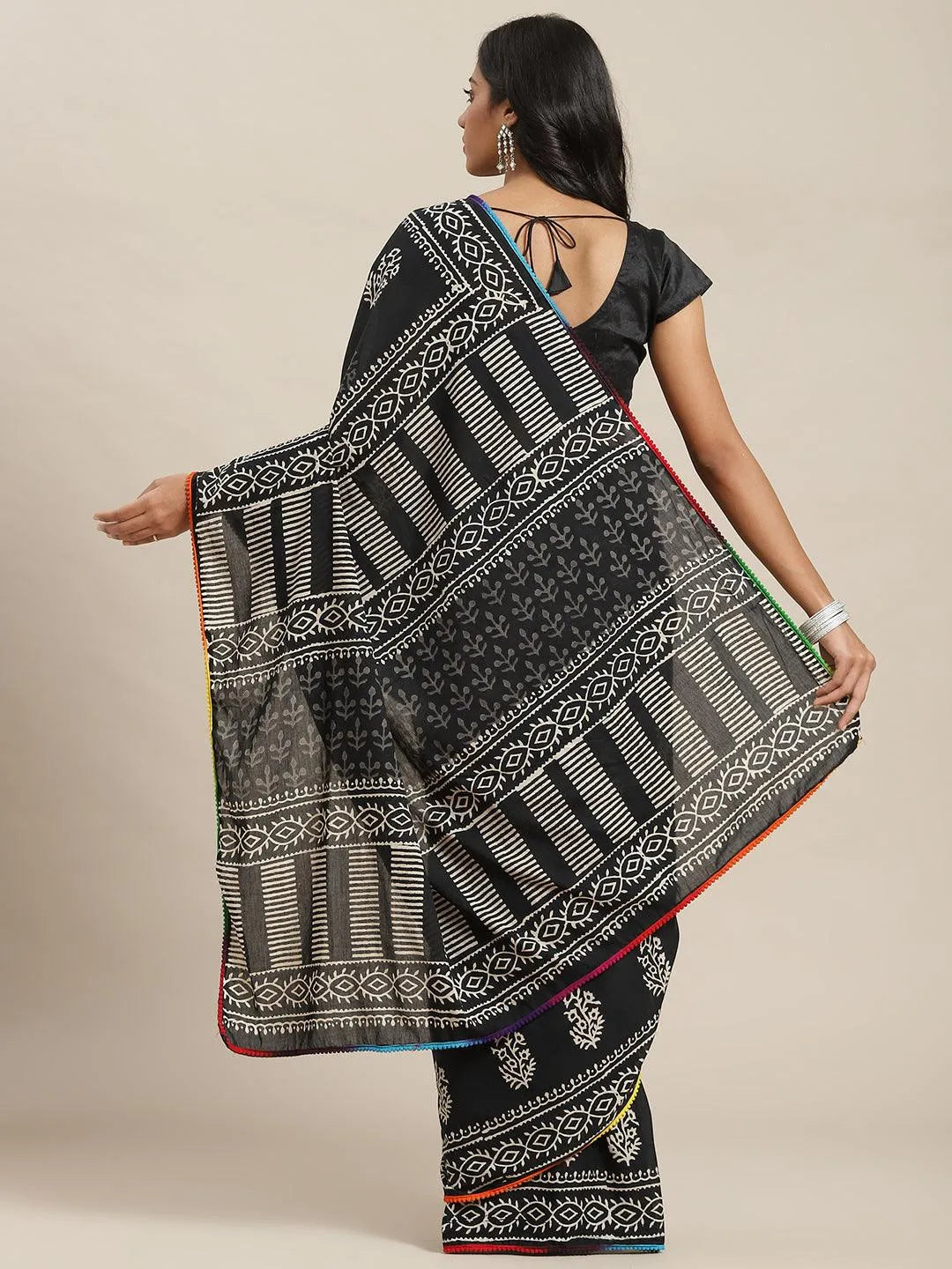 Black Printed Cotton Saree - Libas