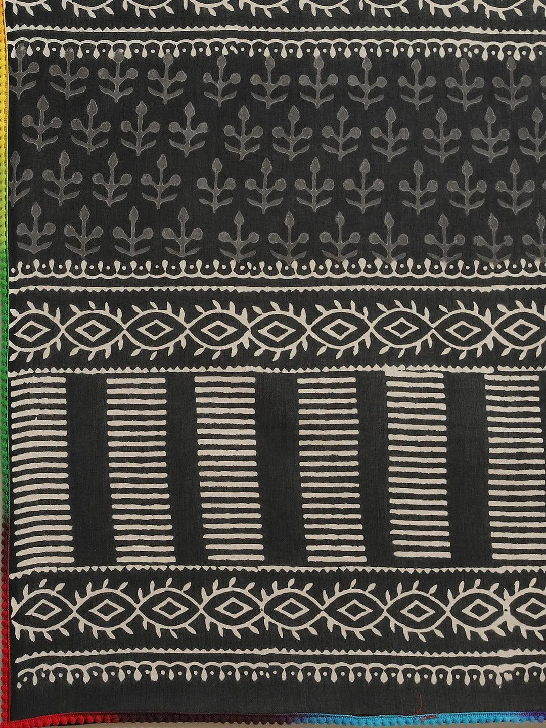 Black Printed Cotton Saree - Libas