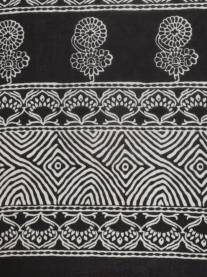 Black Printed Cotton Saree - Libas