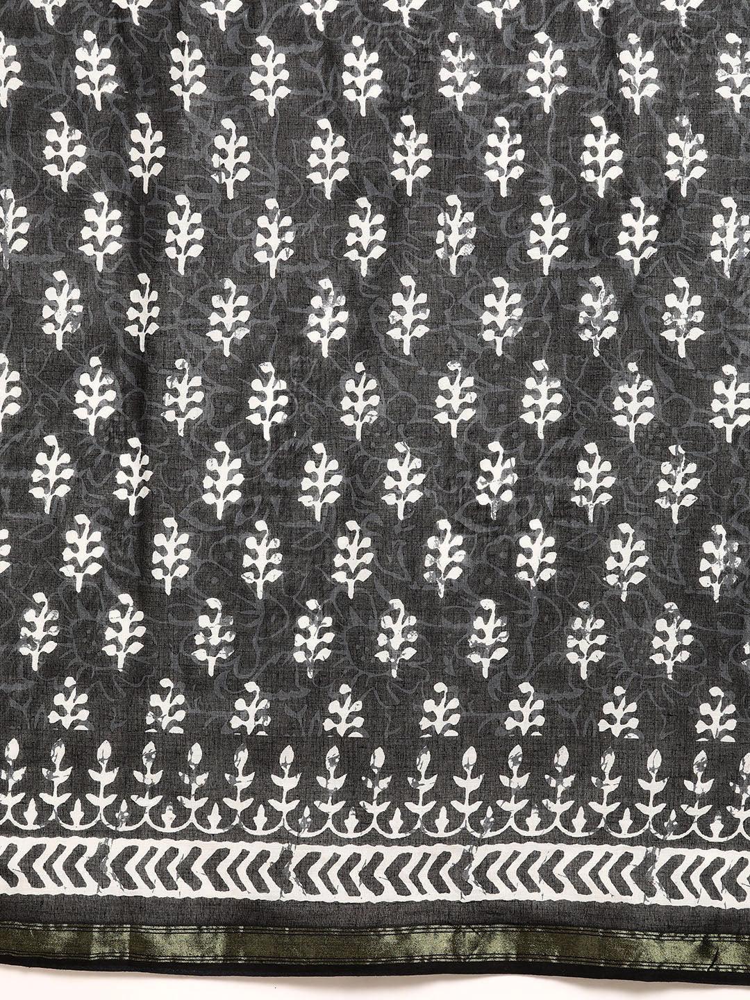 Black Printed Cotton Saree - Libas