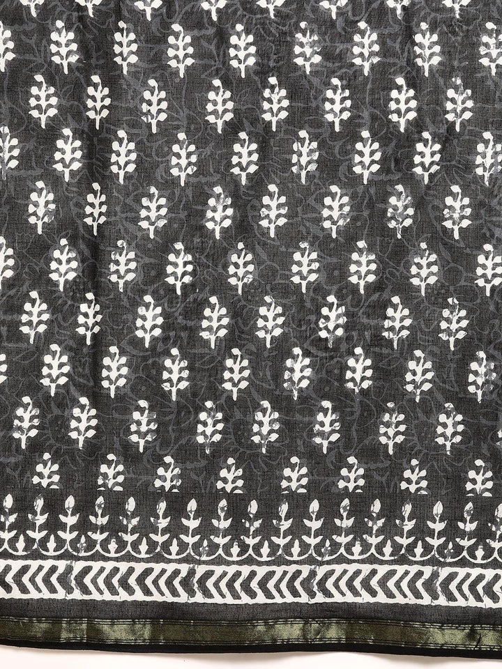 Black Printed Cotton Saree - Libas