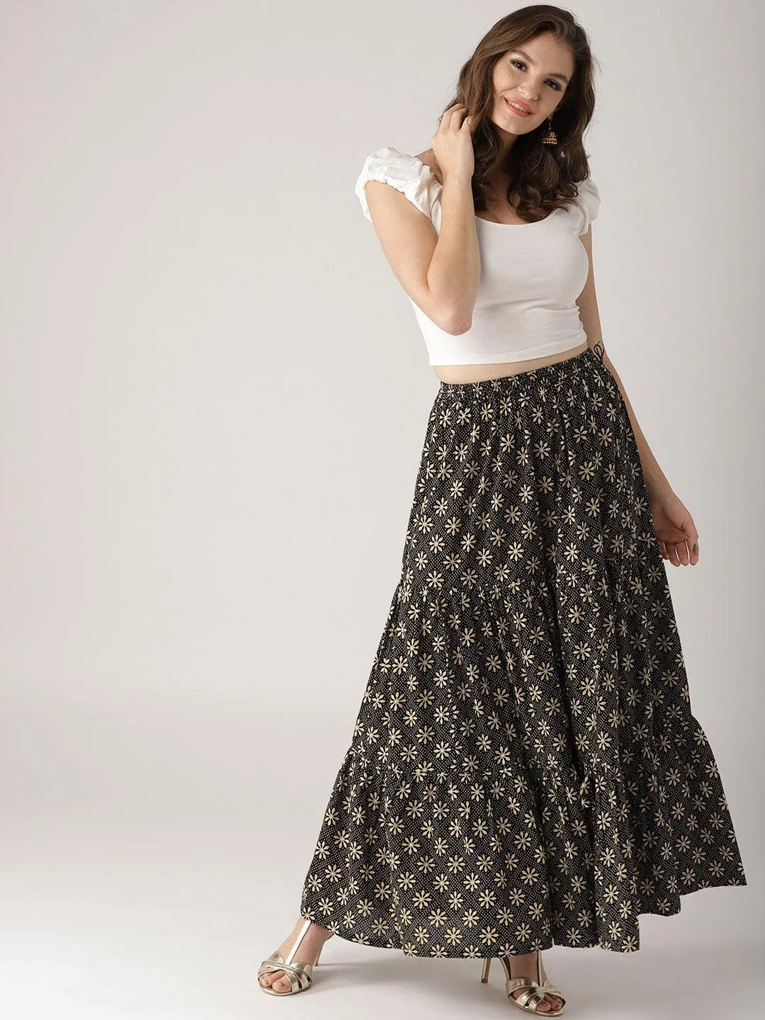 Black Printed Cotton Skirt - Libas 