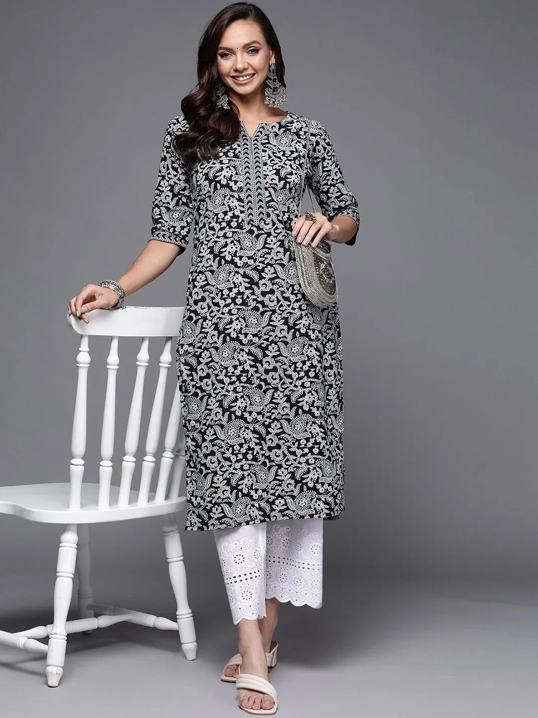 Black Printed Cotton Straight Kurta - Libas