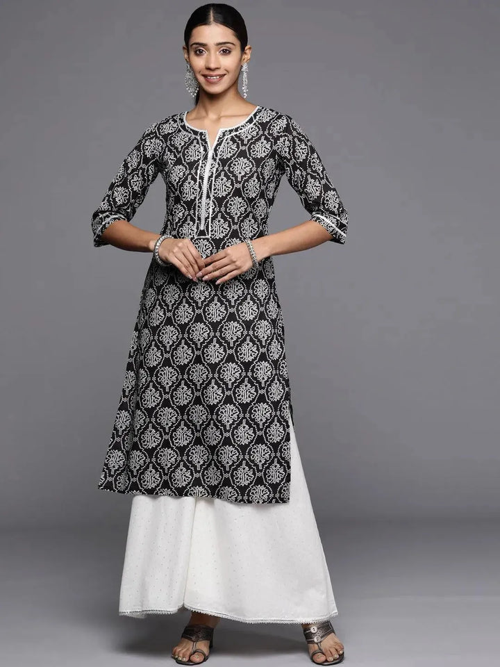 Black Printed Cotton Straight Kurta - Libas