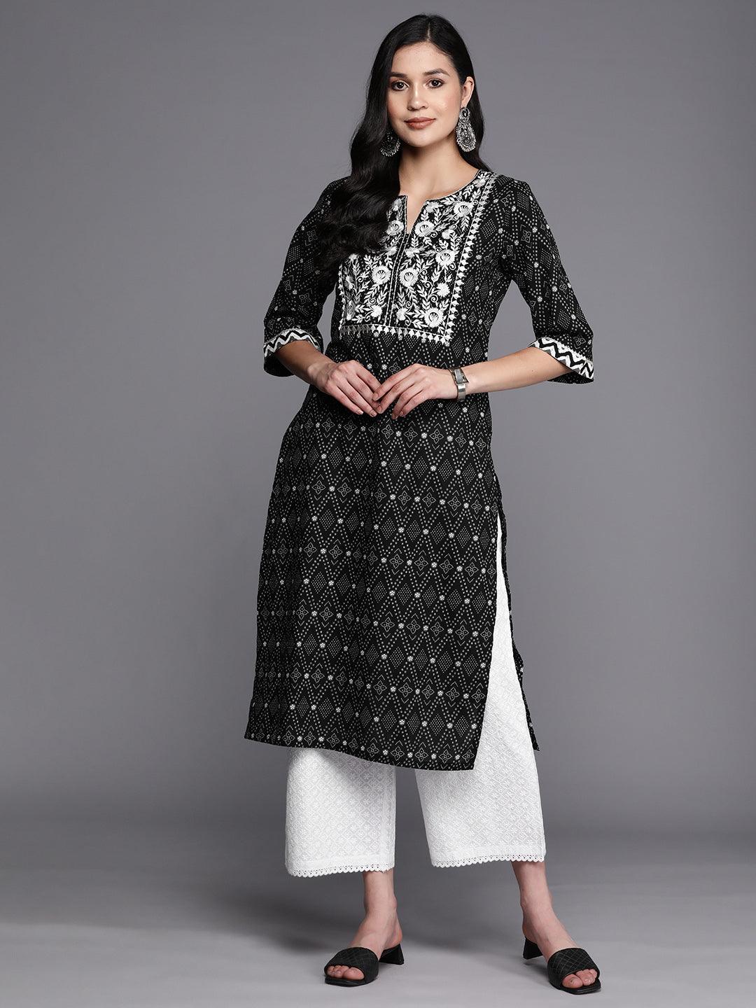 Black Printed Cotton Straight Kurta - Libas 